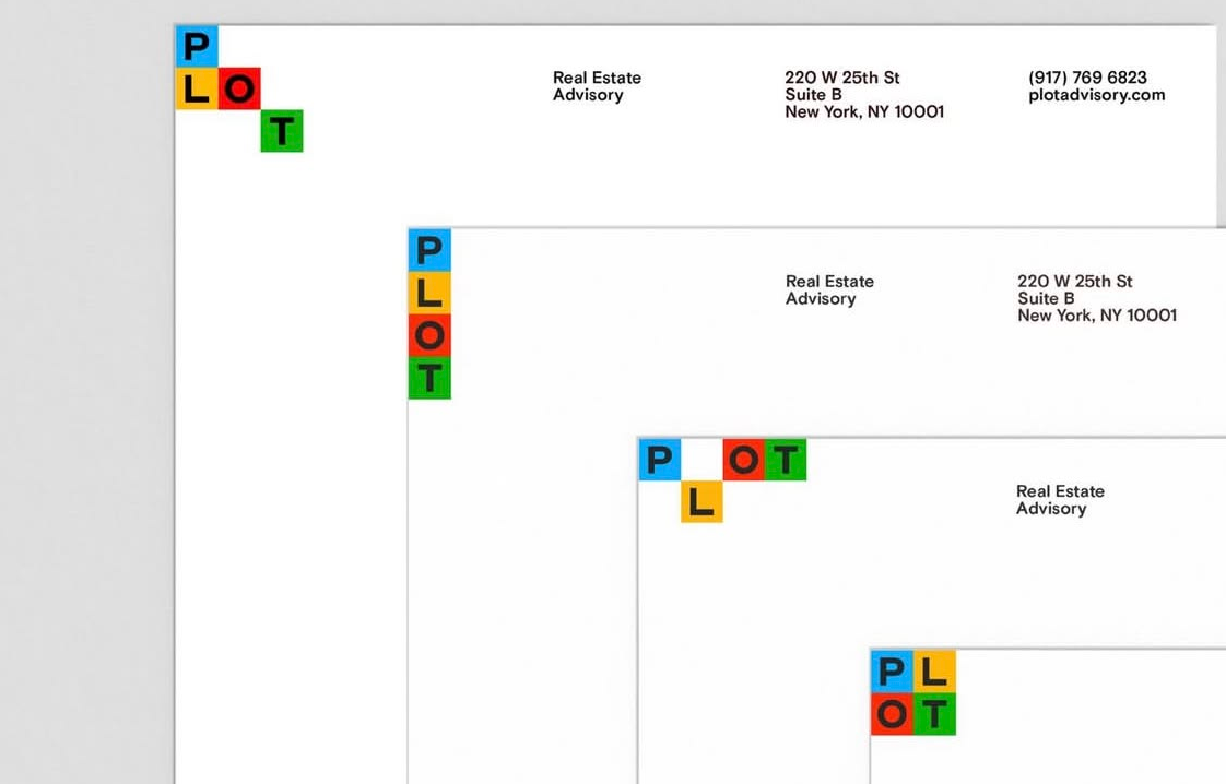 Four letterheads for PLOT advisory featuring their logo. Four adjacent multicolored squares each bearing a letter of PLOT are in the top left corner, and each iteration of the logo positions its letters slightly differently.