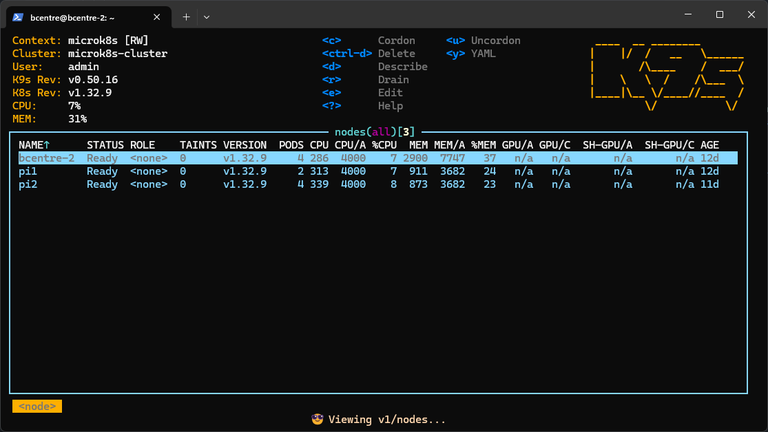 Terminal showing the nodes view of k9s.