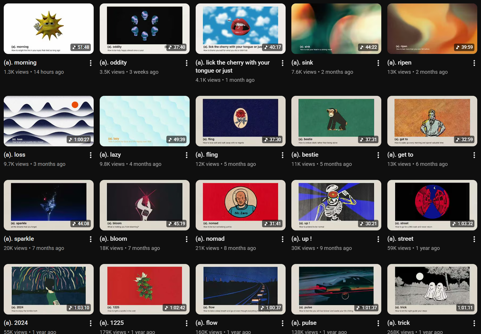 A YouTube channel video page showing thumbnails.