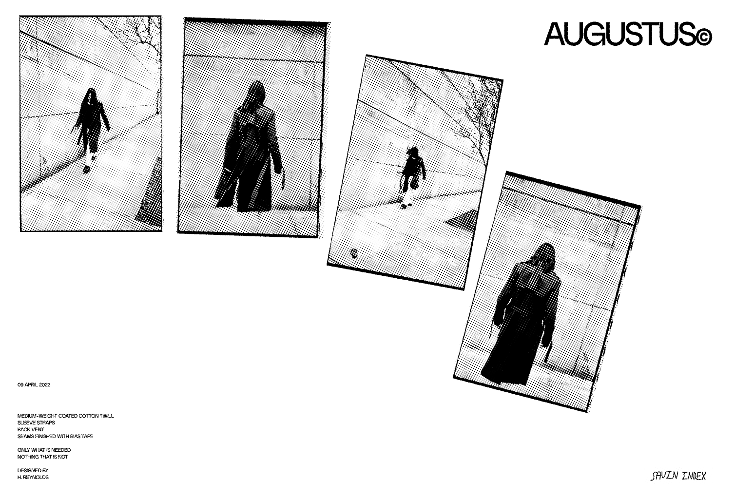 Wide ad layout depicting a long-haired model in a coat designed by Savin Index