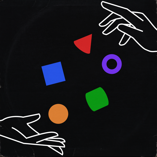 Two hands juggling multicolored shapes.
