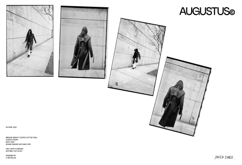 Wide ad layout depicting a long-haired model in a coat designed by Savin Index.